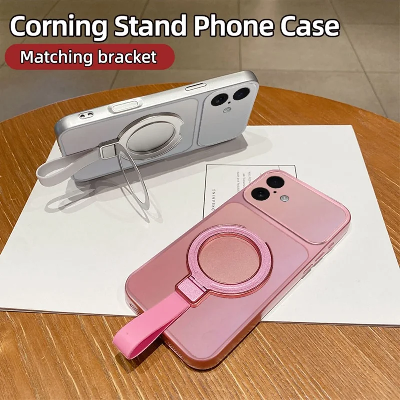 For iPhone 17 Magnetic Case Hand Strap Ring Kickstand Metallic Finish TPU Phone Cover - Silver