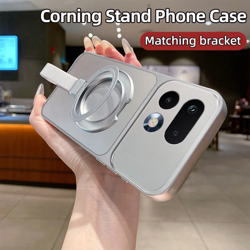 For Realme 16 Pro 5G Magnetic Case Hand Strap Ring Kickstand Metallic Finish TPU Phone Cover - Silver