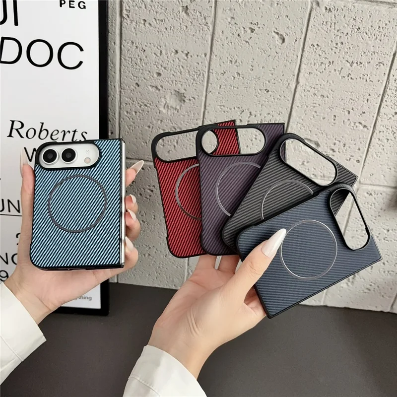 For iPhone Duo Magnetic Case Carbon Fiber Texture PU Leather + PC Folding Phone Cover - Baby Blue