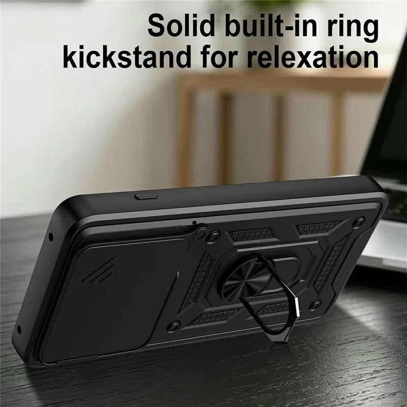 For Motorola Edge 70 Max 5G Case with Slide Camera Lid PC + TPU Kickstand Phone Cover - Black