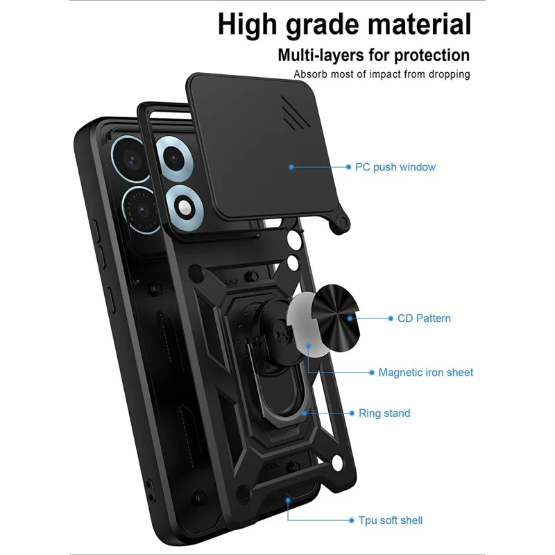 For Motorola Edge 70 Max 5G Case with Slide Camera Lid PC + TPU Kickstand Phone Cover - Black