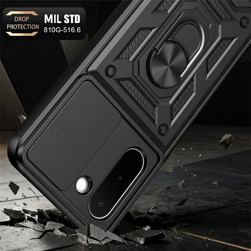 For OnePlus N6x 4G Case with Slide Camera Lid PC + TPU Kickstand Phone Cover - Black