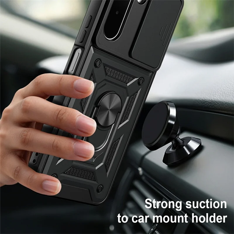For OnePlus N6x 4G Case with Slide Camera Lid PC + TPU Kickstand Phone Cover - Black