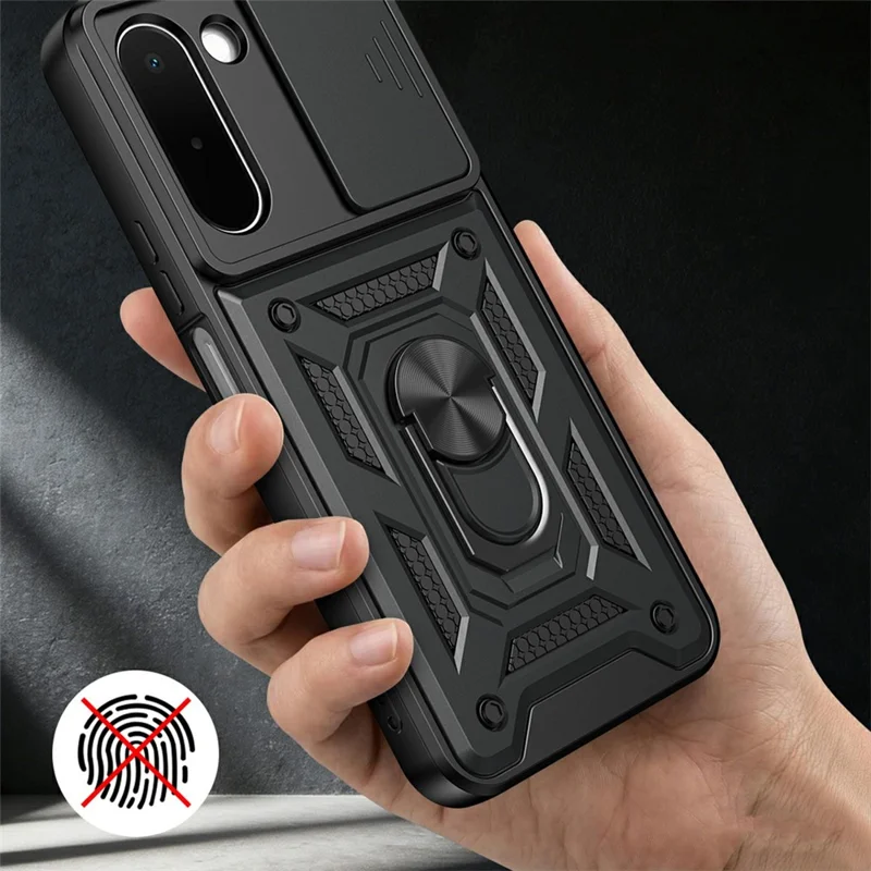 For OnePlus N6x 4G Case with Slide Camera Lid PC + TPU Kickstand Phone Cover - Black