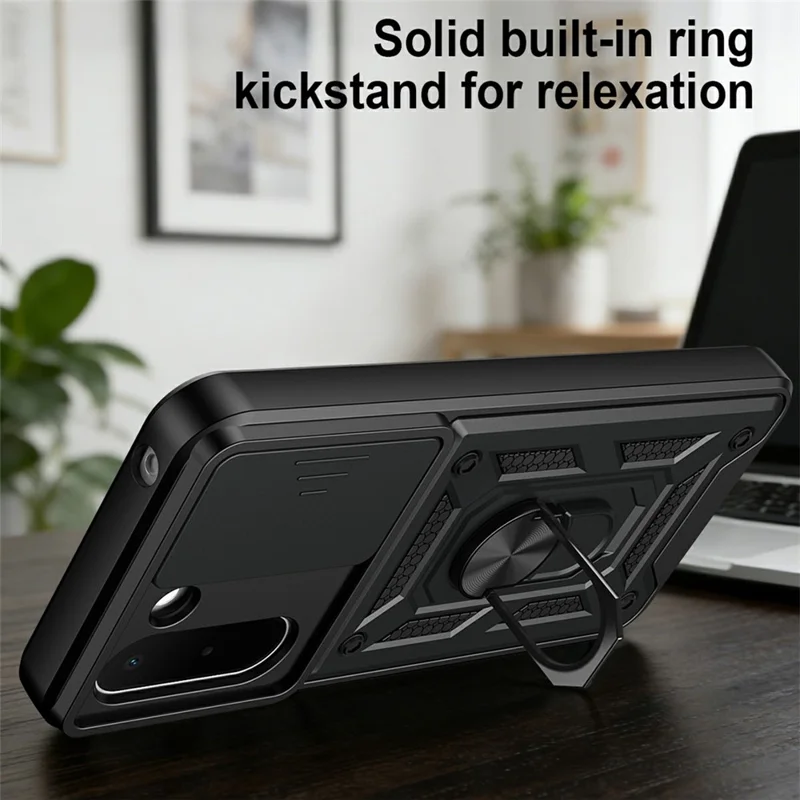 For OnePlus N6x 4G Case with Slide Camera Lid PC + TPU Kickstand Phone Cover - Black