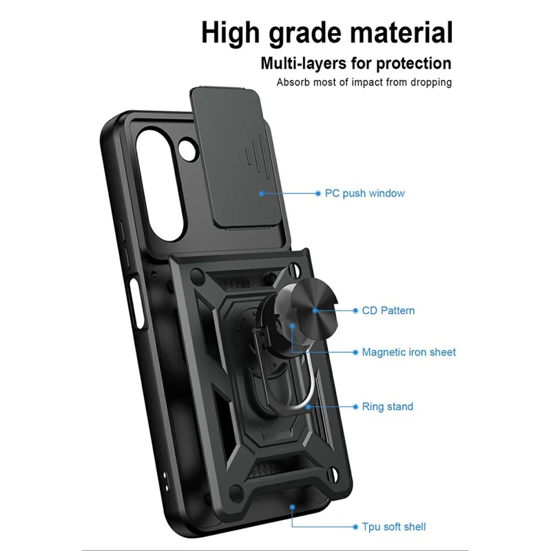 For OnePlus N6x 4G Case with Slide Camera Lid PC + TPU Kickstand Phone Cover - Black