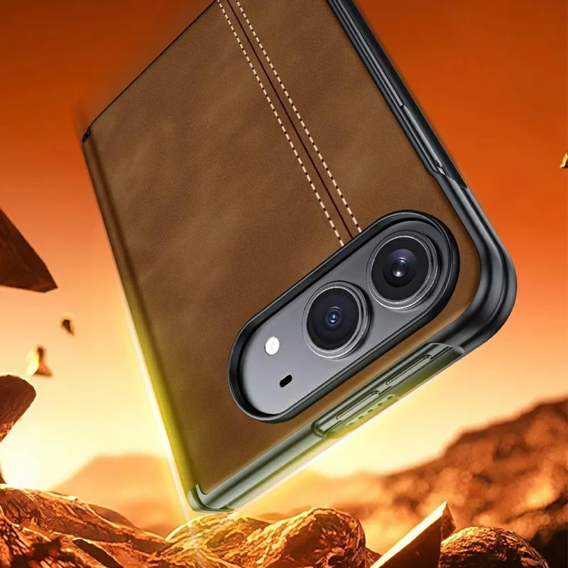 For iPhone Duo Case Hinge Protection Leather + PC Phone Cover with HD Clear Tempered Glass Film - Brown