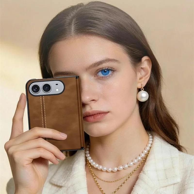 For iPhone Duo Case Hinge Protection Leather + PC Phone Cover with HD Clear Tempered Glass Film - Brown