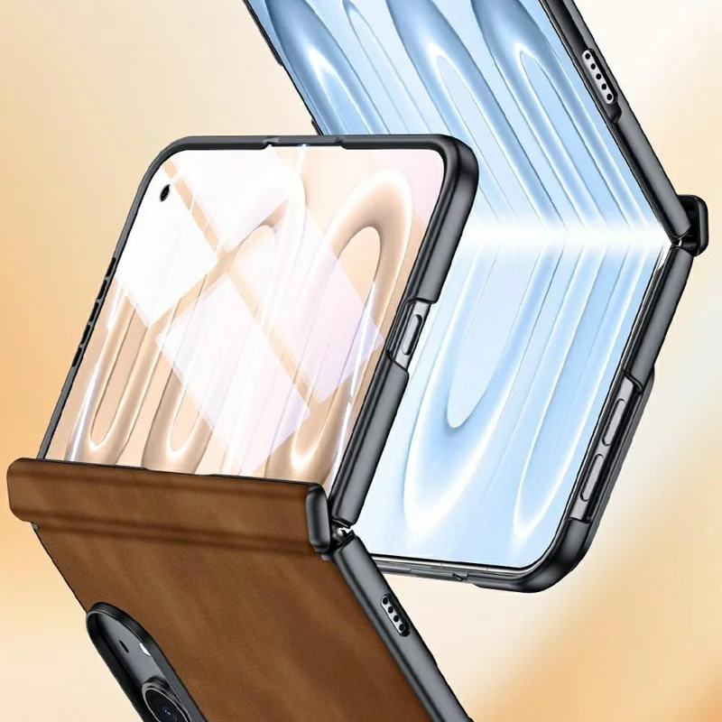 For iPhone Duo Case Hinge Protection Leather + PC Phone Cover with HD Clear Tempered Glass Film - Brown
