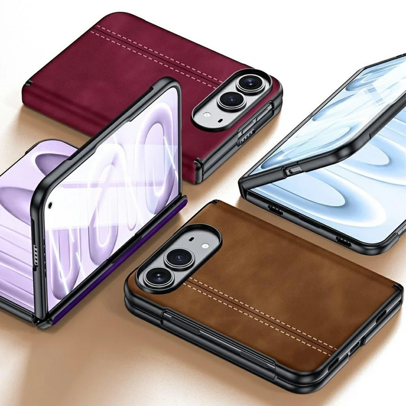 For iPhone Duo Case Hinge Protection Leather + PC Phone Cover with HD Clear Tempered Glass Film - Brown