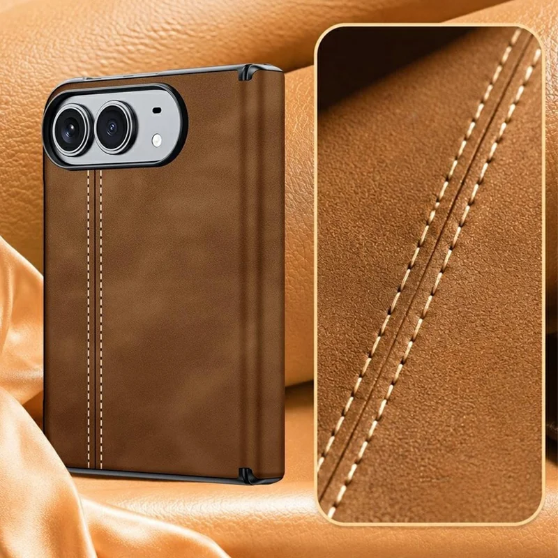 For iPhone Duo Case Hinge Protection Leather + PC Phone Cover with Privacy Tempered Glass Film - Brown