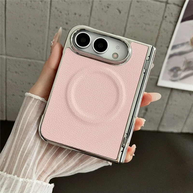 Voor iPhone Fold Magnetische Hoesje Litchi Structuur PU Leer + PC Gegalvaniseerde Stootvrije Telefoonhoes - Roze