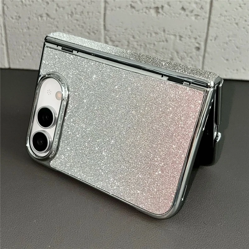 För iPhone Fold Skal Med Metallviktbar Ställare PC Elektropläterad Karm Gradient Glitter Vikbar Telefonhölse - Svart