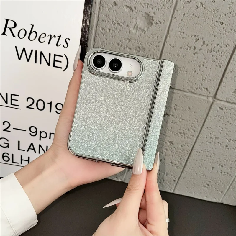För iPhone Fold Skal Med Metallviktbar Ställare PC Elektropläterad Karm Gradient Glitter Vikbar Telefonhölse - Svart