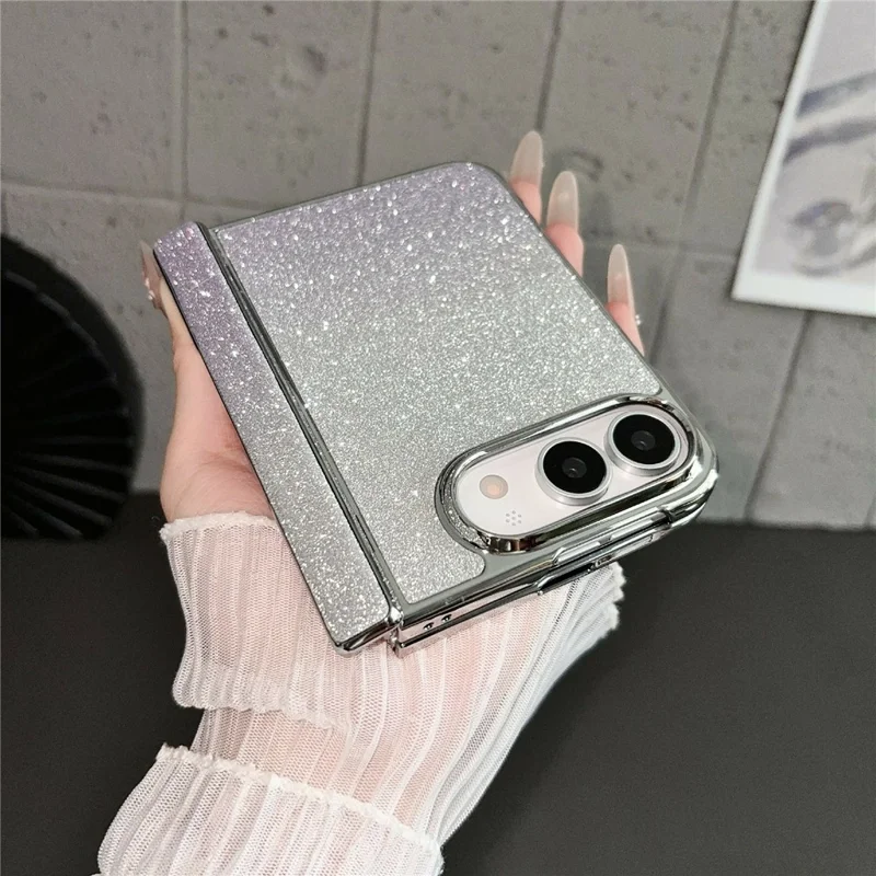 För iPhone Fold Skal Med Metallviktbar Ställare PC Elektropläterad Karm Gradient Glitter Vikbar Telefonhölse - Svart