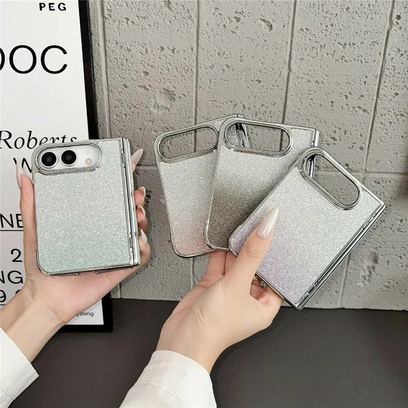 För iPhone Fold Skal Med Metallviktbar Ställare PC Elektropläterad Karm Gradient Glitter Vikbar Telefonhölse - Svart