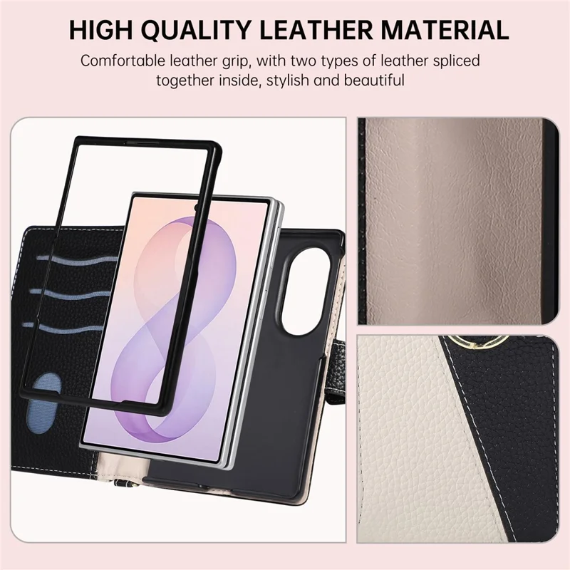 For Samsung Galaxy Z Fold8 Wallet Case Triangular Splicing Zipper Leather Phone Cover with Wrist Strap - Black