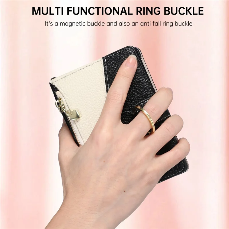 For Samsung Galaxy Z Fold8 Wallet Case Triangular Splicing Zipper Leather Phone Cover with Wrist Strap - Black