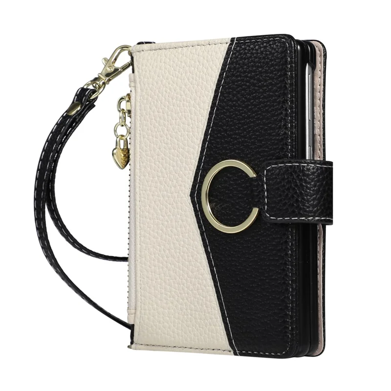 For Samsung Galaxy Z Fold8 Wallet Case Triangular Splicing Zipper Leather Phone Cover with Wrist Strap - Black