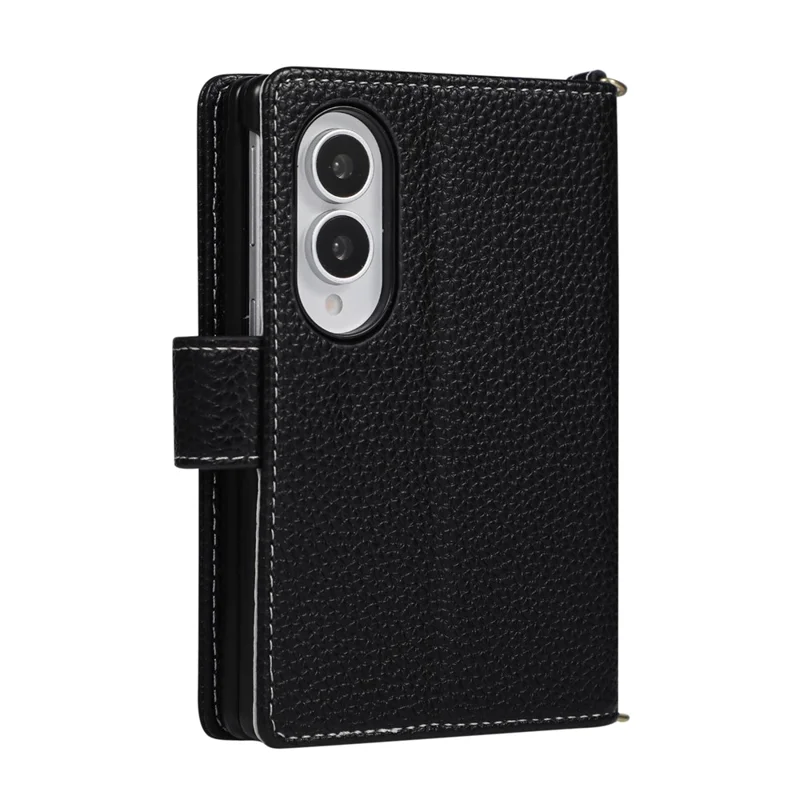 For Samsung Galaxy Z Fold8 Wallet Case Triangular Splicing Zipper Leather Phone Cover with Wrist Strap - Black