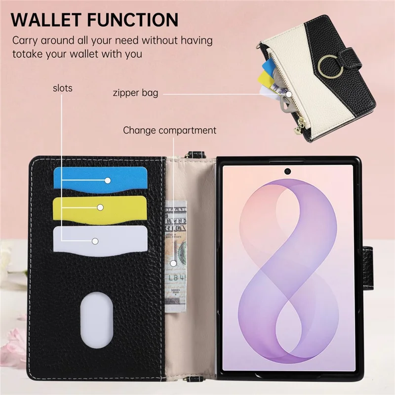 For Samsung Galaxy Z Fold8 Wallet Case Triangular Splicing Zipper Leather Phone Cover with Wrist Strap - Black