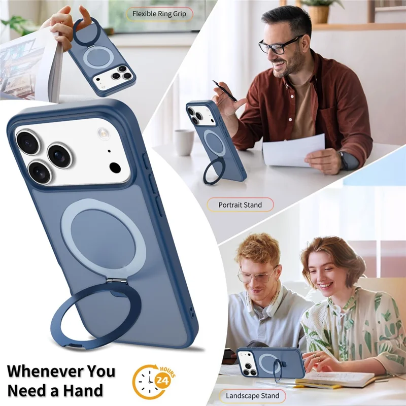 For iPhone 18 Pro / 17 Pro Case Magnetic Kickstand PC + TPU Matte Finish Shockproof Phone Protective Cover - Dark Blue