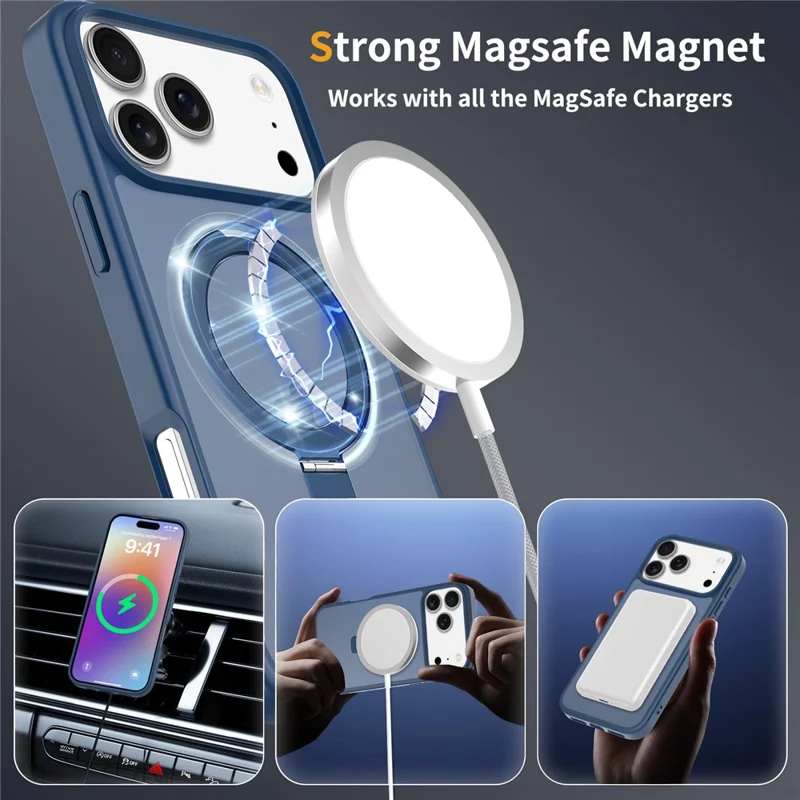 For iPhone 18 Pro / 17 Pro Case Magnetic Kickstand PC + TPU Matte Finish Shockproof Phone Protective Cover - Dark Blue