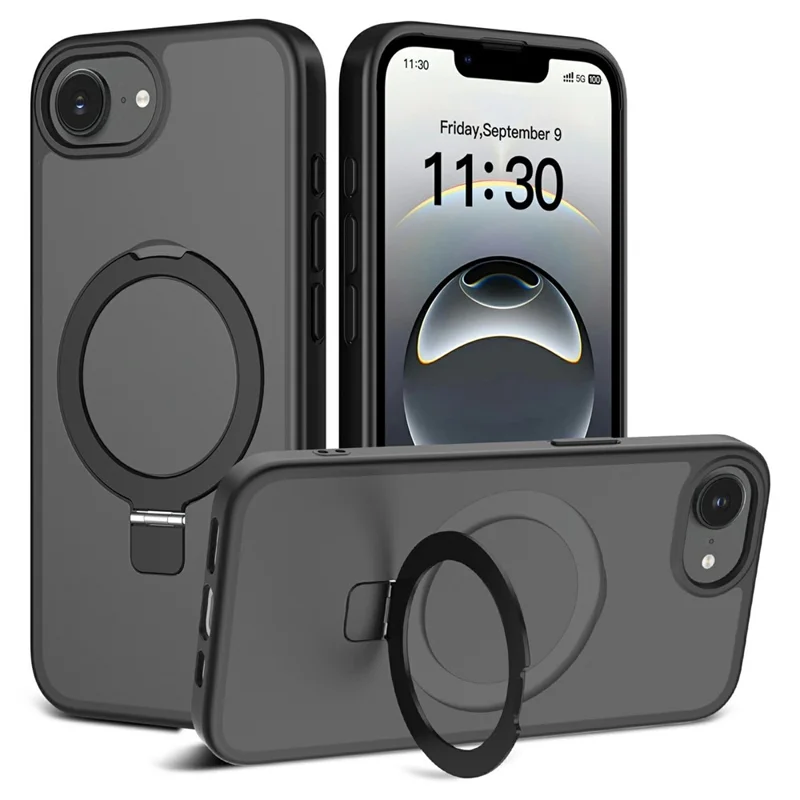 For iPhone 17e / 16e Case Magnetic Kickstand PC + TPU Matte Finish Shockproof Phone Protective Cover - Black