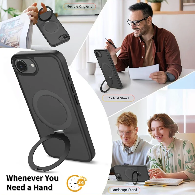 For iPhone 17e / 16e Case Magnetic Kickstand PC + TPU Matte Finish Shockproof Phone Protective Cover - Black