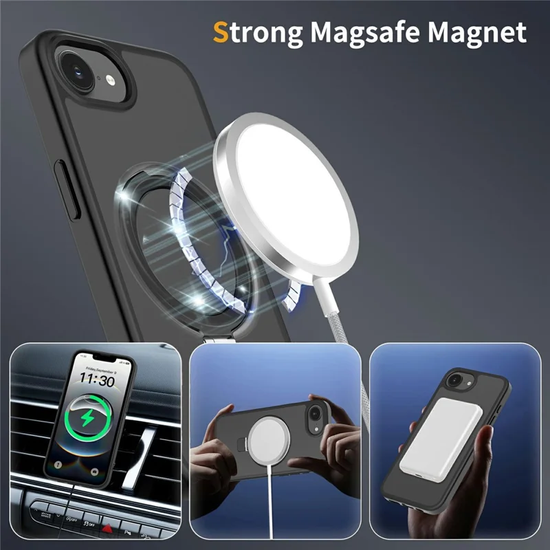 For iPhone 17e / 16e Case Magnetic Kickstand PC + TPU Matte Finish Shockproof Phone Protective Cover - Black