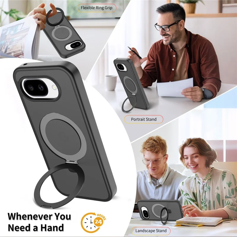 For Google Pixel 10a Case Magnetic Kickstand PC + TPU Matte Finish Shockproof Phone Protective Cover - Black
