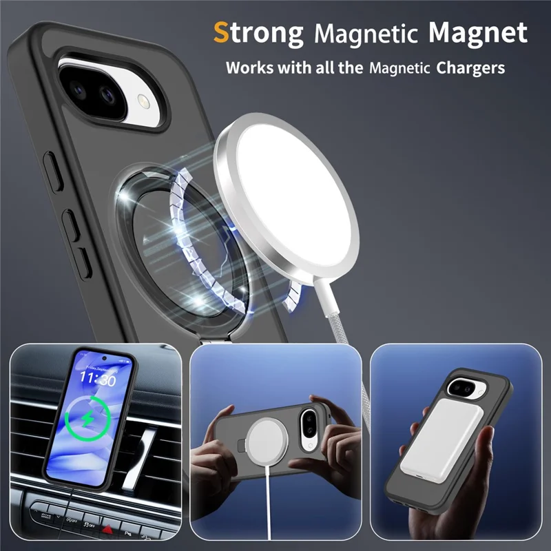 For Google Pixel 10a Case Magnetic Kickstand PC + TPU Matte Finish Shockproof Phone Protective Cover - Black