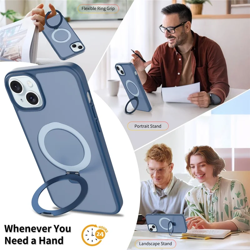 For iPhone 15 Plus / 14 Plus Case Magnetic Kickstand PC + TPU Matte Finish Shockproof Phone Protective Cover - Dark Blue