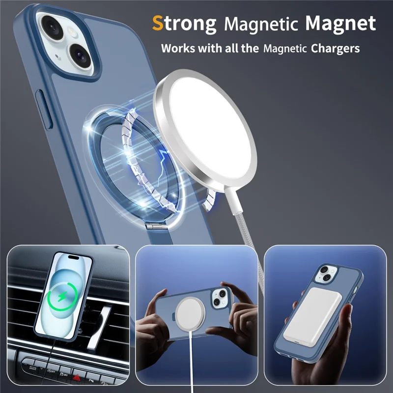 For iPhone 15 Plus / 14 Plus Case Magnetic Kickstand PC + TPU Matte Finish Shockproof Phone Protective Cover - Dark Blue