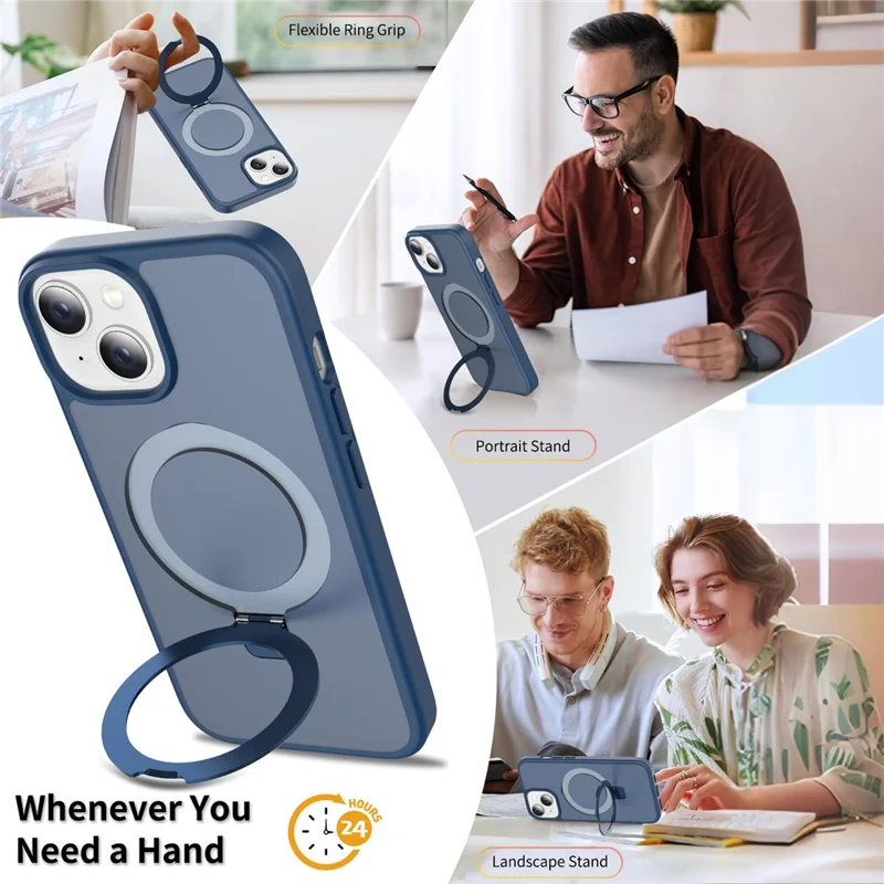 Phone Case for iPhone 15 / 14 / 13 , Magnetic Kickstand PC + TPU Matte Finish Shockproof Protective Cover - Dark Blue