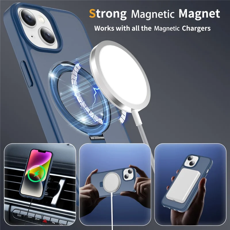 Phone Case for iPhone 15 / 14 / 13 , Magnetic Kickstand PC + TPU Matte Finish Shockproof Protective Cover - Dark Blue