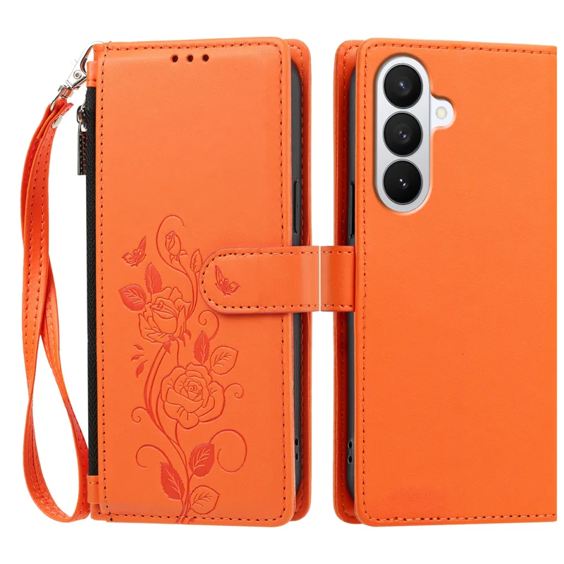 For Samsung Galaxy S27 / Galaxy S26 Case Rose Pattern Imprinted Wallet Stand PU Leather Phone Cover with Wrist Strap - Orange - 1