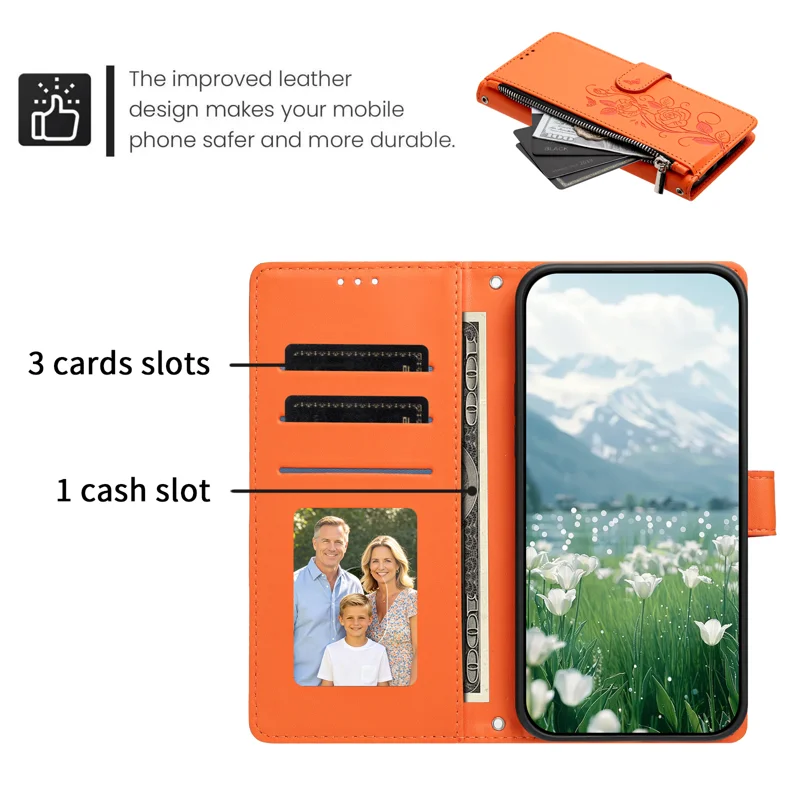 For Samsung Galaxy S27 / Galaxy S26 Case Rose Pattern Imprinted Wallet Stand PU Leather Phone Cover with Wrist Strap - Orange - 2