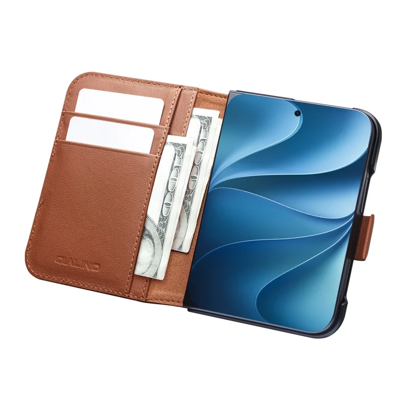 QIALINO Custodia per iPhone Fold in Vera Pelle di Mucca + PC, Protezione Integrale - Marrone Dorato
