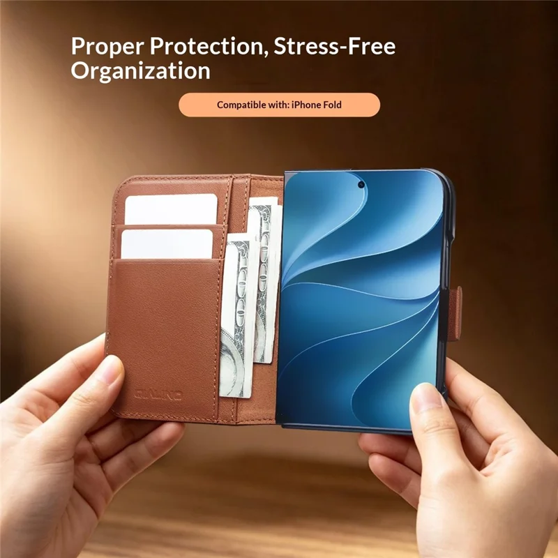 QIALINO Custodia per iPhone Fold in Vera Pelle di Mucca + PC, Protezione Integrale - Marrone Dorato