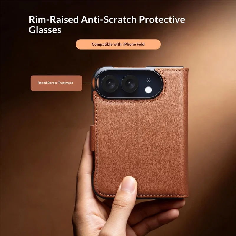 QIALINO Custodia per iPhone Fold in Vera Pelle di Mucca + PC, Protezione Integrale - Marrone Dorato