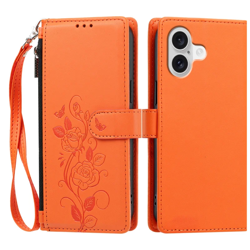For iPhone 17 / iPhone 18 Case Rose Pattern Imprinted Wallet Stand PU Leather Phone Cover with Wrist Strap - Orange - 1