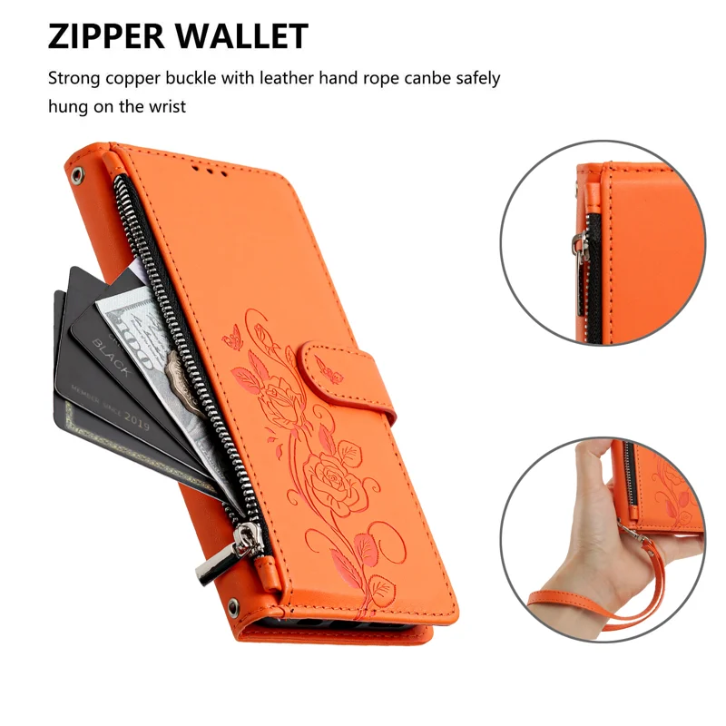 For iPhone 17 / iPhone 18 Case Rose Pattern Imprinted Wallet Stand PU Leather Phone Cover with Wrist Strap - Orange - 3