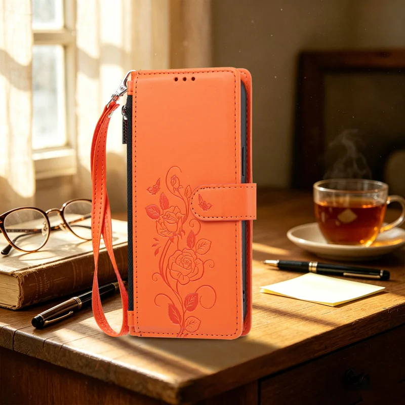 For iPhone 17 / iPhone 18 Case Rose Pattern Imprinted Wallet Stand PU Leather Phone Cover with Wrist Strap - Orange - 8