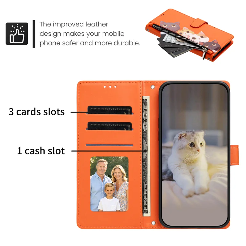 For iPhone 17 / iPhone 18 Case Cute Cat Pattern PU Leather Flip Wallet Phone Cover with Wrist Strap - Orange - 2