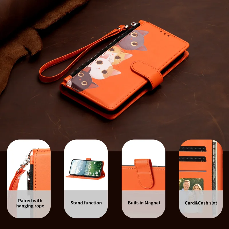 For Samsung Galaxy S26 / Galaxy S27 Case Cute Cat Pattern PU Leather Flip Wallet Phone Cover with Wrist Strap - Orange - 11