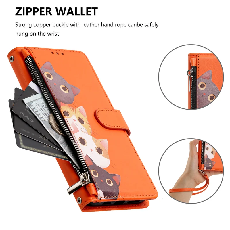 For Samsung Galaxy S26 / Galaxy S27 Case Cute Cat Pattern PU Leather Flip Wallet Phone Cover with Wrist Strap - Orange - 3