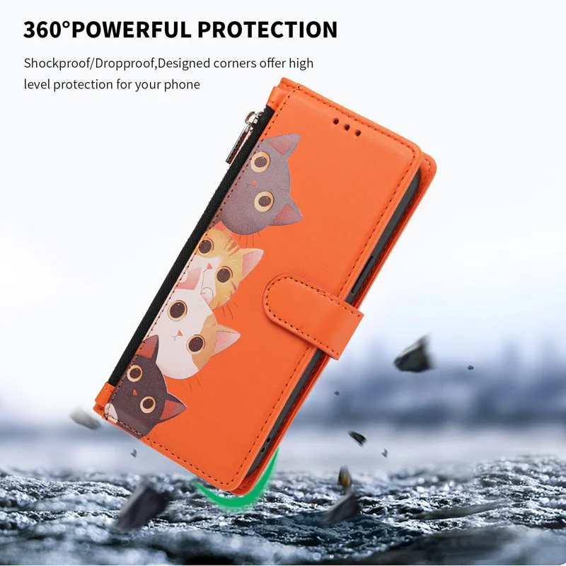 For Samsung Galaxy S26 / Galaxy S27 Case Cute Cat Pattern PU Leather Flip Wallet Phone Cover with Wrist Strap - Orange - 5