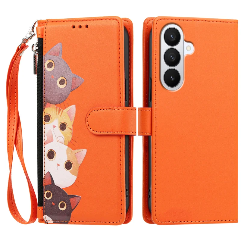 For Samsung Galaxy S27+ Case Cute Cat Pattern PU Leather Flip Wallet Phone Cover with Wrist Strap - Orange - 1