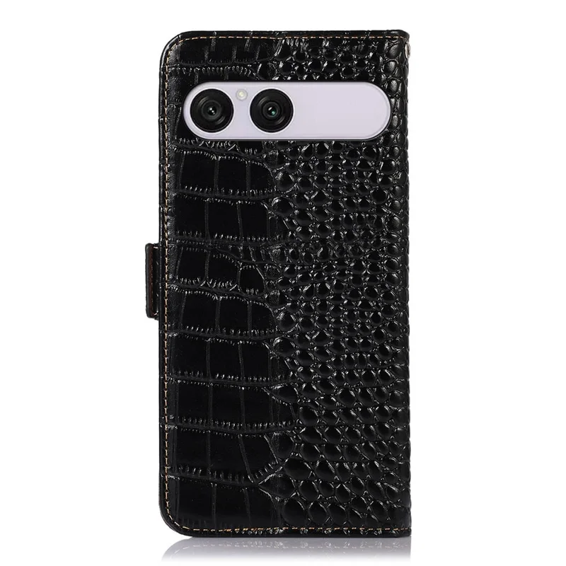 For Sony Xperia 10 VII Case RFID Blocking Wallet Crocodile Texture Genuine Cow Leather Phone Cover - Black
